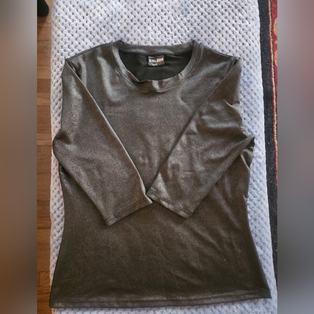 Black Shiny Metallic 3/4 Sleeve Olivia Jordan Shirt - Medium